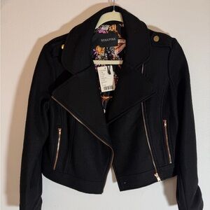 MINKPINK Black Motorcycle Jacket with Rose Gold Accents - Size Medium